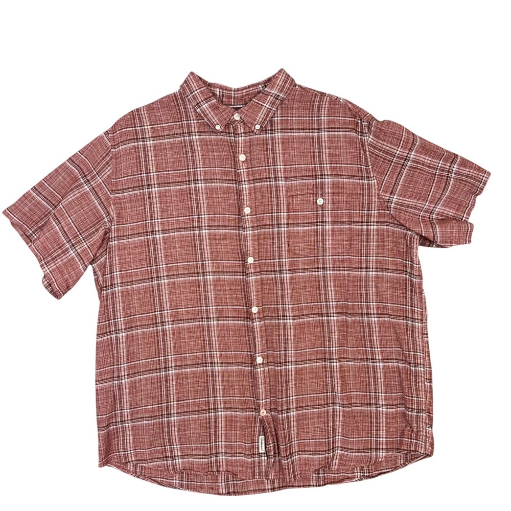 Weatherproof Vintage Mens XXL Red Plaid Linen Cotton Short Sleeve Button Down